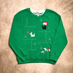 Vintage 90s C&K Holiday Cat Sweater Embroidered Green Rhinestone Christmas Retro